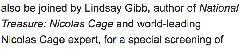 ...Lindsay Gibb, author of National Treasure: Nicolas Cage and world-leading Nicolas Cage expert...